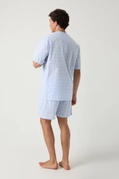 Pijama curto em popelina de xadrez com debrum azul jeans