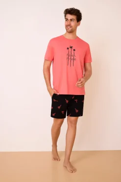 Pijama curto estampado de palmeiras em 100% algodão