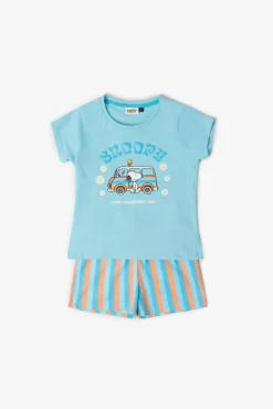 Pijama curto Snoopy flores e riscas