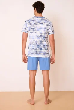 Pijama curto às riscas em 100% algodão