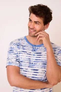 Pijama curto às riscas em 100% algodão