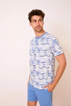 Pijama curto às riscas em 100% algodão