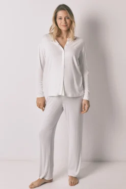 Pijama maternity comprido em malha azul