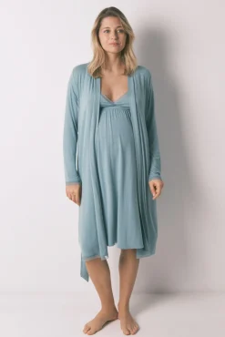Robe comprida maternity com cinto canelado verde