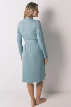 Robe comprida maternity com cinto canelado verde