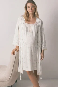 Robe comprida maternity em algodão estampado de flores