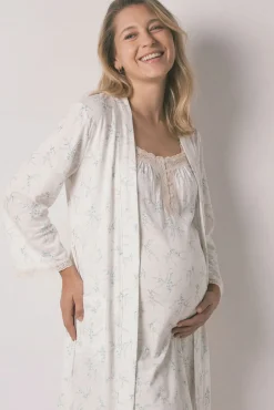Robe comprida maternity em algodão estampado de flores