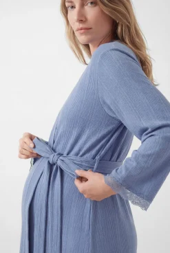 Robe midi com cinto azul com mangas de renda