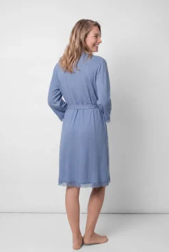 Robe midi com cinto azul com mangas de renda