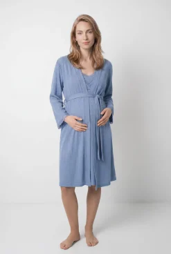 Robe midi com cinto azul com mangas de renda