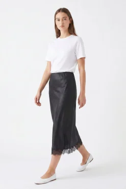 Saia midi acetinada de renda