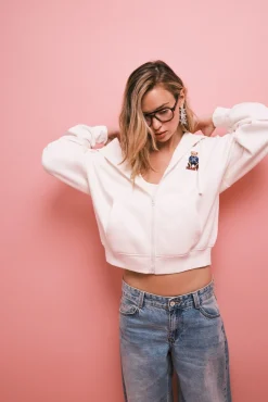 Sweatshirt borrego com capuz e fecho-éclair bege