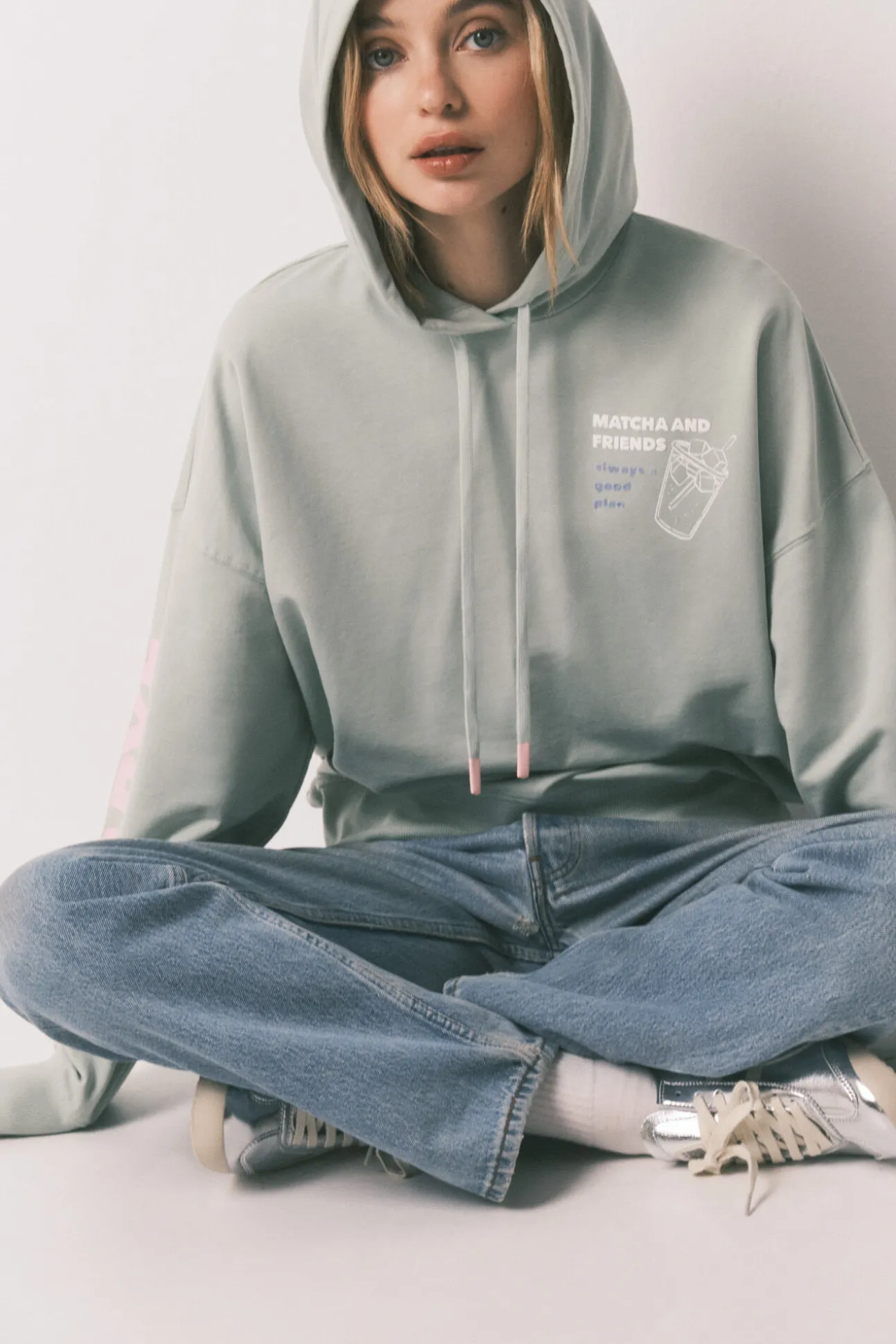 Sweatshirt com capuz em felpa de algodão verde