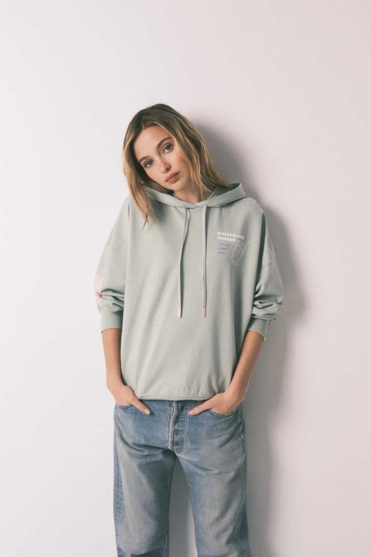 Sweatshirt com capuz em felpa de algodão verde