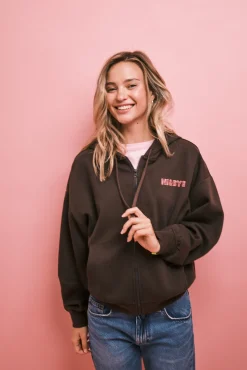Sweatshirt com fecho-éclair e capuz marrom