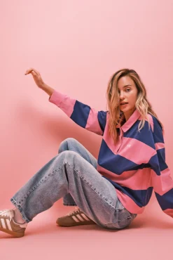 Sweatshirt polo riscas rosa roxo