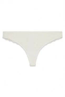 Tanga em microfibra às riscas e renda brancas