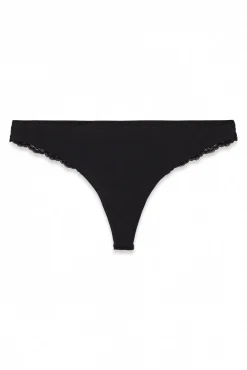 Tanga às riscas em microfibra e renda pretas