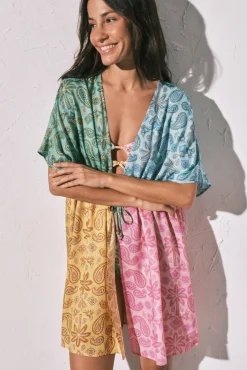 Túnica curta aberta estampada multicolor