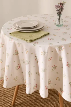 Toalha de mesa redonda de algodão com flores