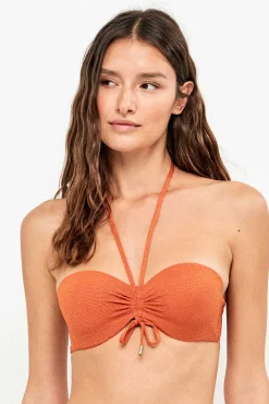 Top biquíni bandeau desmontável piqué lurex dourado