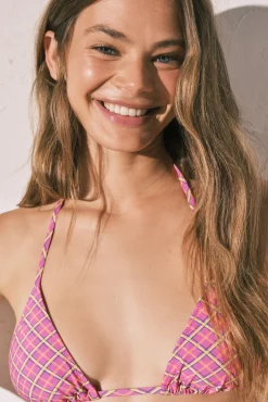 Top biquíni cortina estampado xadrez rosa