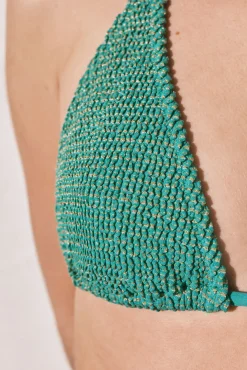 Top biquíni cortina halter em lurex verde