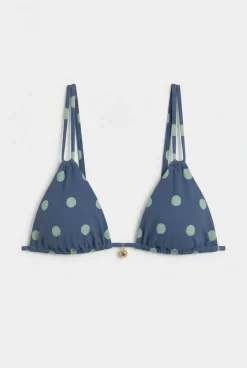 Top biquíni triangular azul e estampado de bolinhas