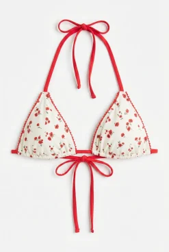 Top biquíni triangular cortina mini flores vermelho