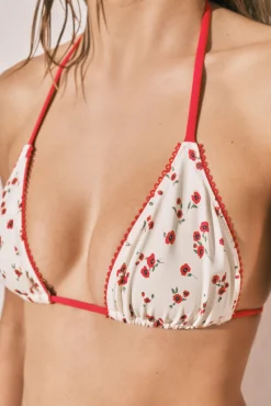 Top biquíni triangular cortina mini flores vermelho