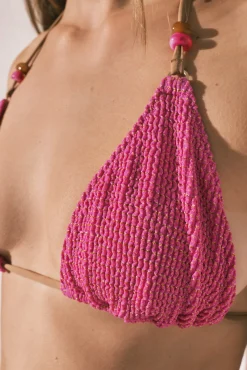 Top biquíni triangular em lurex rosa