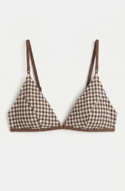 Top biquíni triangular estampado vichy marrom lurex