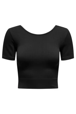 Top desportivo de manga curta sem costuras, preto.