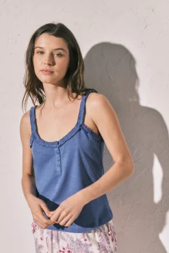 T-shirt alças com folhos em algodão azul
