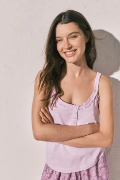 T-shirt alças com folhos em algodão rosa