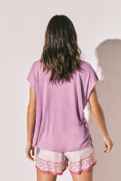 T-shirt curta em viscose e linho lilás