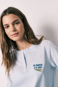 T-shirt de manga comprida 100% algodão azul
