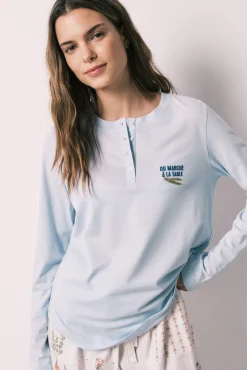T-shirt de manga comprida 100% algodão azul