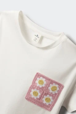 T-shirt de manga curta com bolso em crochet para menina