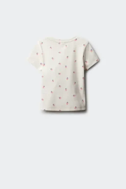 T-shirt de manga curta em malha canelada com morangos para menina