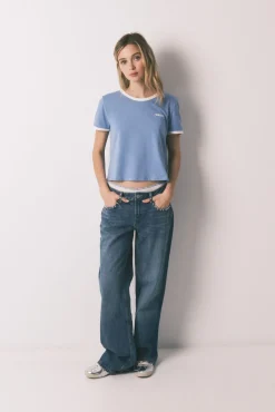 T-shirt lisa manga curta em 100% algodão azul