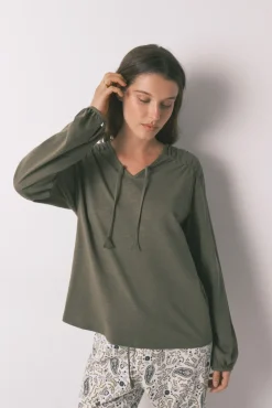 T-shirt manga comprida com franzido em algodão verde