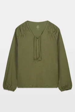 T-shirt manga comprida com franzido em algodão verde