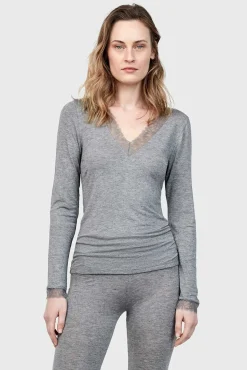 T-shirt térmica gola em V com renda
