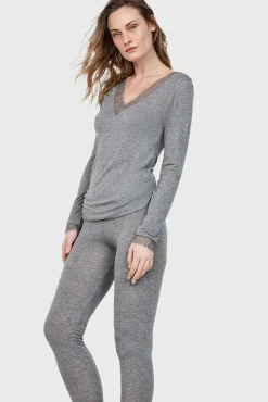 T-shirt térmica gola em V com renda