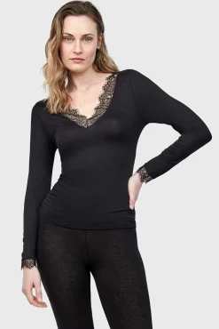 T-shirt térmica gola em V com renda