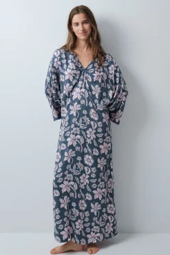 Vestido caftã em viscose estampado floral verde