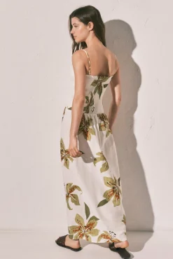 Vestido comprido de alças com decote franzido