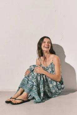 Vestido comprido de alças estampado boho