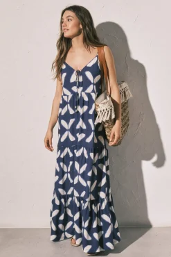 Vestido comprido de alças estampado geométrico